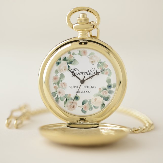 90th Birthday White Rose Floral Eucalyptus Wreath Pocket Watch (Inside)