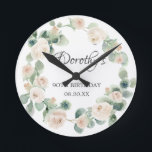 90th Birthday White Rose Floral Eucalyptus Wreath Round Clock<br><div class="desc">A gift or keepsake for a 90th birthday. White roses are nestled in green eucalyptus leaves. The name is written in beautiful calligraphy with 100th birthday and date below.</div>