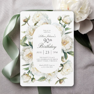 90th Birthday White Watercolor Peonies Floral Invitation