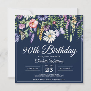 90th Birthday Wildflowers Elegant Navy Blue Floral Invitation