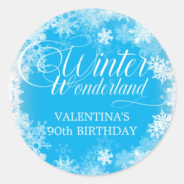 90th Birthday Winter Wonderland Snowflake Favor Classic Round Sticker (Front)