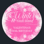 90th Birthday Winter Wonderland Snowflake Favor Classic Round Sticker<br><div class="desc">Elegant winter wonderland 90th birthday invitation features beautiful calligraphy surrounded by a lush snowflake and snow border. The snowflakes pop against the pretty pink background. You can actually change the background color to any color. Winter Wonderland can't be changed, but all of the remaining text can be edited. This item...</div>