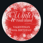 90th Birthday Winter Wonderland Snowflake Favor Classic Round Sticker<br><div class="desc">Elegant winter wonderland 90th birthday invitation features beautiful calligraphy surrounded by a lush snowflake and snow border. The snowflakes pop against the deep red background. You can actually change the background color to any color. Winter Wonderland can't be changed, but all of the remaining text can be edited. This item...</div>