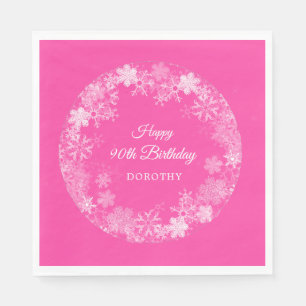 90th Birthday Winter Wonderland Snowflake Pink Napkins