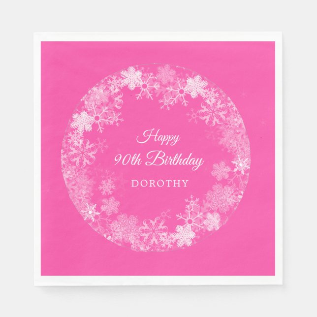 90th Birthday Winter Wonderland Snowflake Pink Napkins (Front)