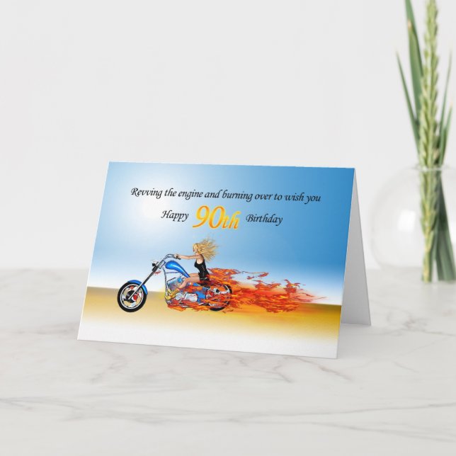 90th Birthday with a Flaming Motorcycle Card (Front)