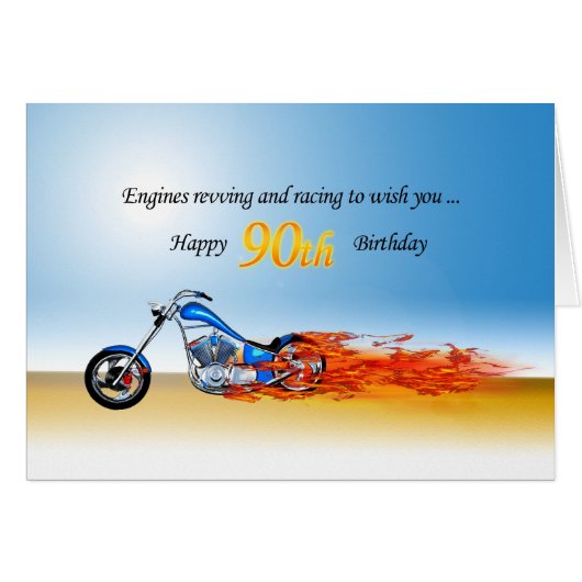 90th Birthday with a Flaming Motorcycle Cards (Front Horizontal)