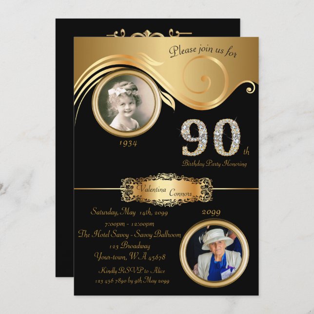 90th,Birthday Woman 90th,elegant art deco,black Invitation (Front/Back)