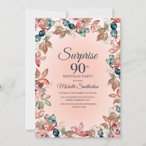 90th Birthday Women Pink Teal Floral Leaves Invitation