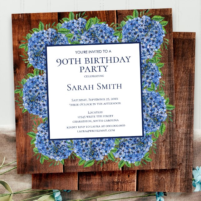 90th Birthday Wood Blue Hydrangeas Rustic Party Invitation (Creator Uploaded)