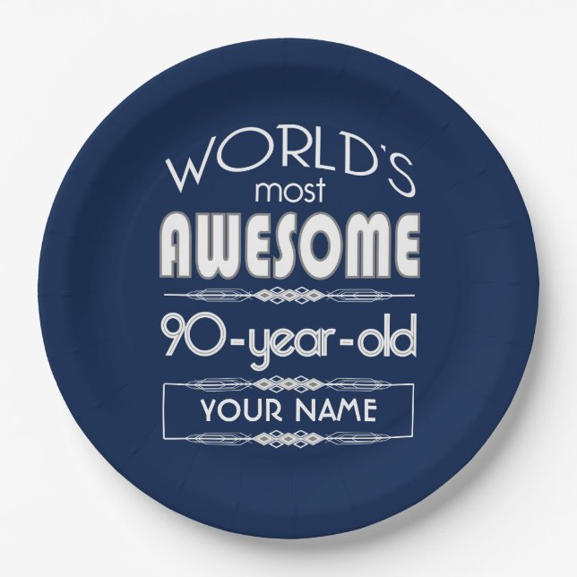 90th Birthday Worlds Best Fabulous Dark Blue Paper Plates (Front)