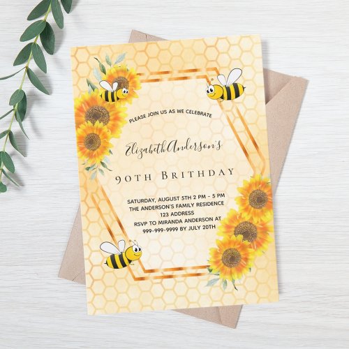 90th birthday yellow rustic sunflowers bees invitation