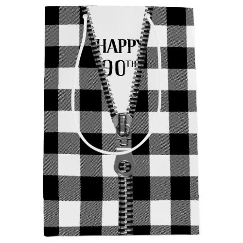 90th Birthday Zipper On Buffalo Plaid Medium Gift Bag