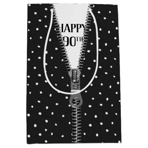 90th Birthday Zipper On Polka Dots Medium Gift Bag