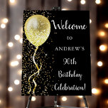90th | Black & Gold Glitter Birthday Welcome Foam Board<br><div class="desc">Customizable 90th birthday welcome board,  featuring a gold glitter balloon,  with a shower of gold glitter on a black background.</div>