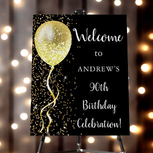 90th Black & Gold Glitter Birthday Welcome Foam Board