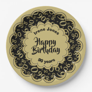90th Black/Gold Random Number Pattern Paper Plates