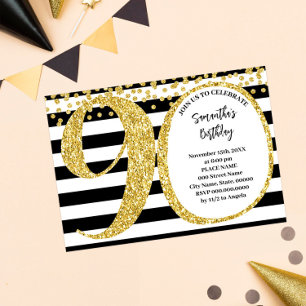 90th Black White and Gold Glitter Modern Birthday Invitation