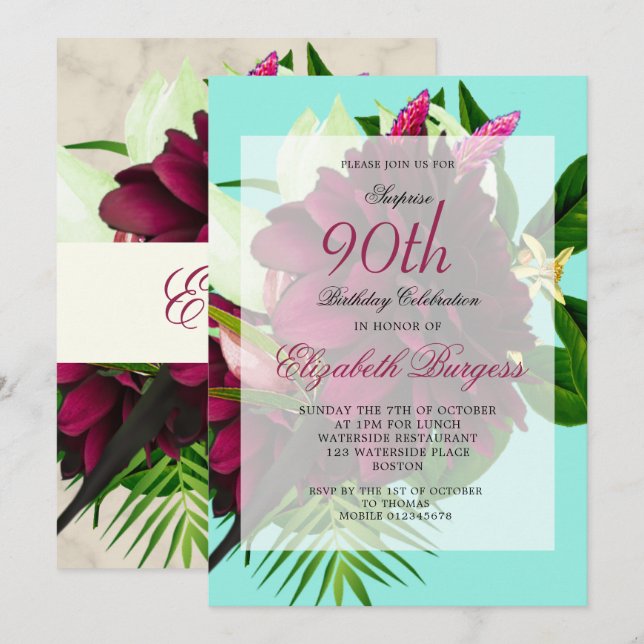 90TH Blue Cream Floral Elegant Modern Birthday Invitation (Front/Back)