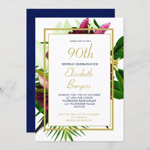 90TH Blue Gold Floral Elegant Modern Birthday Invitation