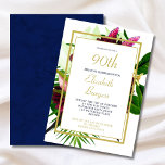 90TH Blue Gold Floral Elegant Modern Birthday Invitation<br><div class="desc">A Navy blue textured pattern is the background for this large floral living coral   bouquet  90th  birthday invitation.
An elegant modern design that is easily altered to your own information.
A modern elegant design  from Just Fine Designs</div>