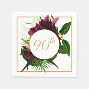 90TH Blue Gold Floral Elegant Modern Birthday Napkins