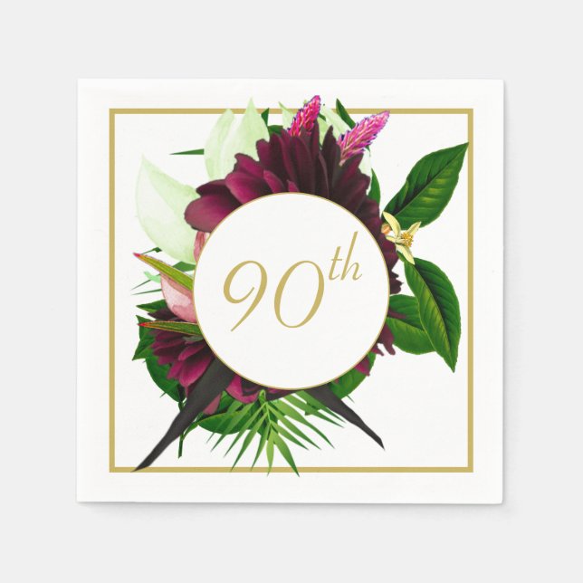 90TH Blue Gold Floral Elegant Modern Birthday Napkins (Front)
