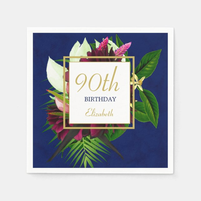 90TH Blue Gold Floral Elegant Modern Birthday Napkins (Front)