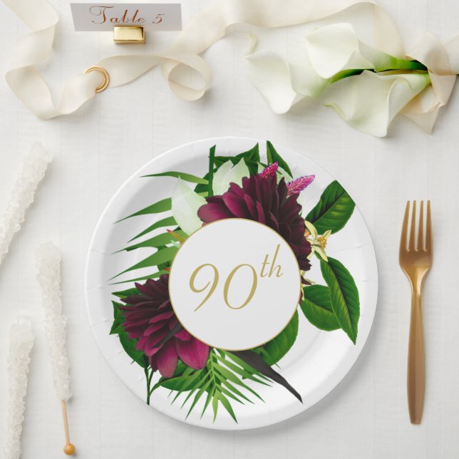 90TH Blue Gold Floral Elegant Modern Birthday Paper Plates (Wedding)