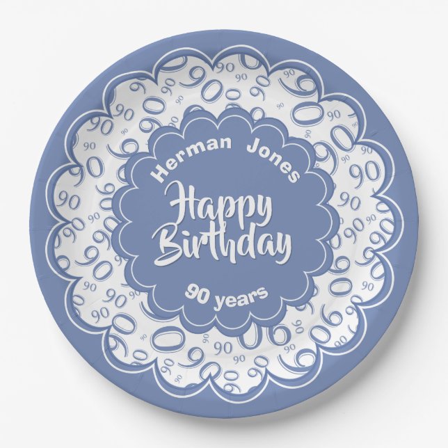 90th Blue/White Random Number Pattern Paper Plates (Front)