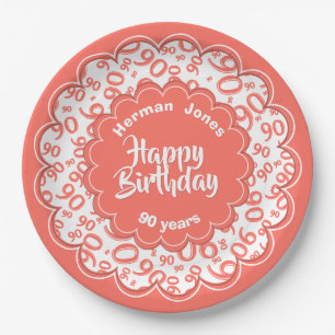 90th Coral/White Random Number Pattern Paper Plates