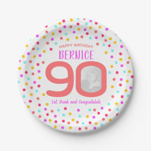 90th custom photo colorful coral confetti birthday paper plates