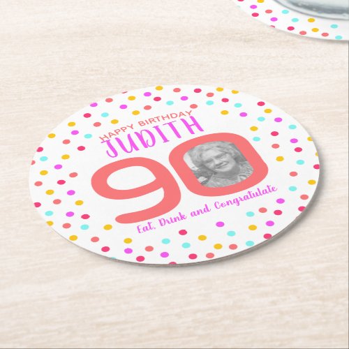 90th custom photo colorful coral confetti birthday round paper coaster