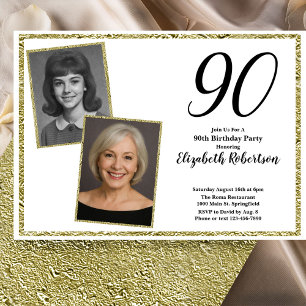 90th Custom Photo White and Gold  Invitation