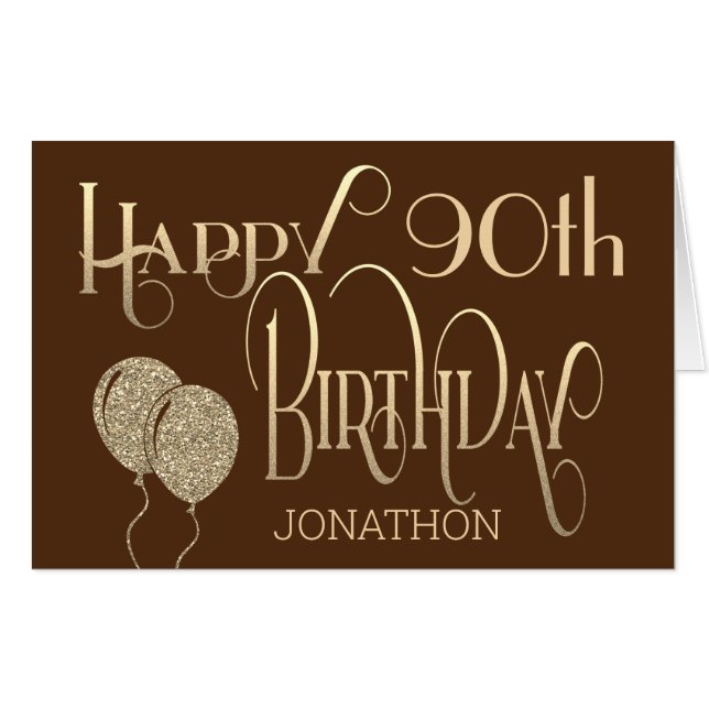 90th Decorative gold Text Brown Happy Birthday Card (Front Horizontal)