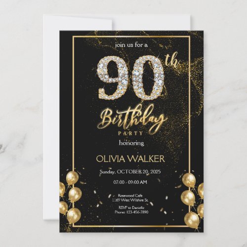 90th Diamond Black and Gold Birthday  Invitation
