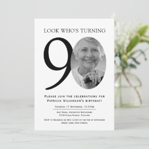 90th Elegant Black and White Photo Birthday Invitation