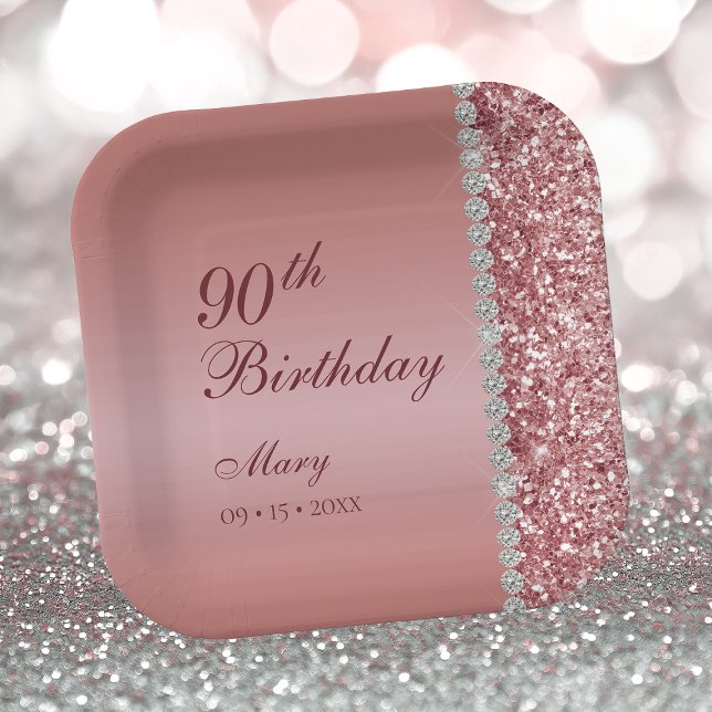 90th Elegant Rose Gold Birthday Paper Plates (Creator Uploaded)