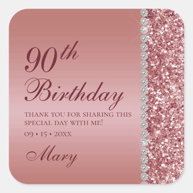 90th Elegant Rose Gold Birthday Square Sticker (Front)