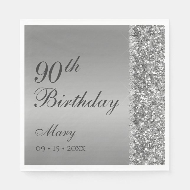 90th Elegant Silver Birthday Napkins (Front)