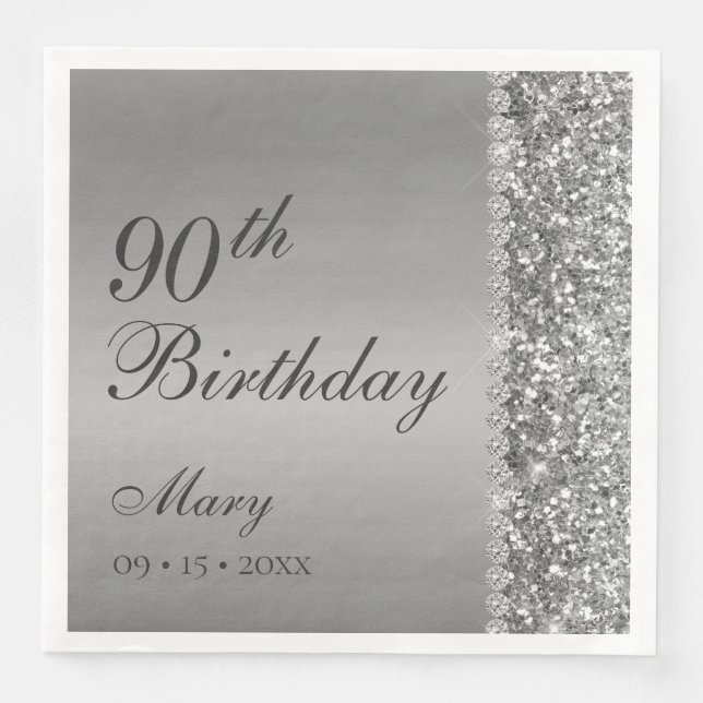90th Elegant Silver Birthday Paper Dinner Napkins (Front)