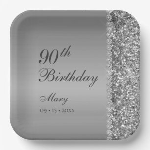 90th Elegant Silver Birthday Paper Plates