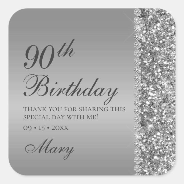 90th Elegant Silver Birthday Square Sticker (Front)