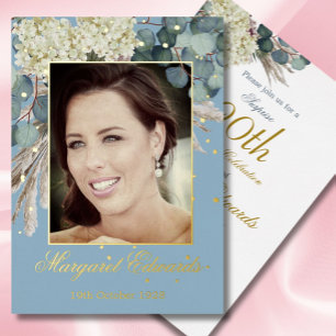 90th Floral Blue Elegant Photo Birthday Foil Invitation