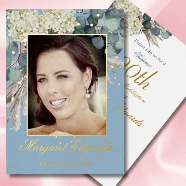 90th Floral Blue Elegant Photo Birthday Foil Invitation (Creator Uploaded)