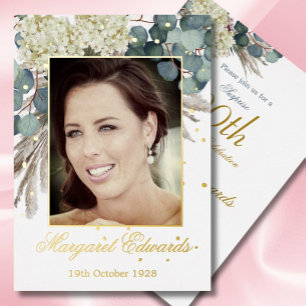 90th Floral Blue Elegant Photo Birthday Foil Invitation