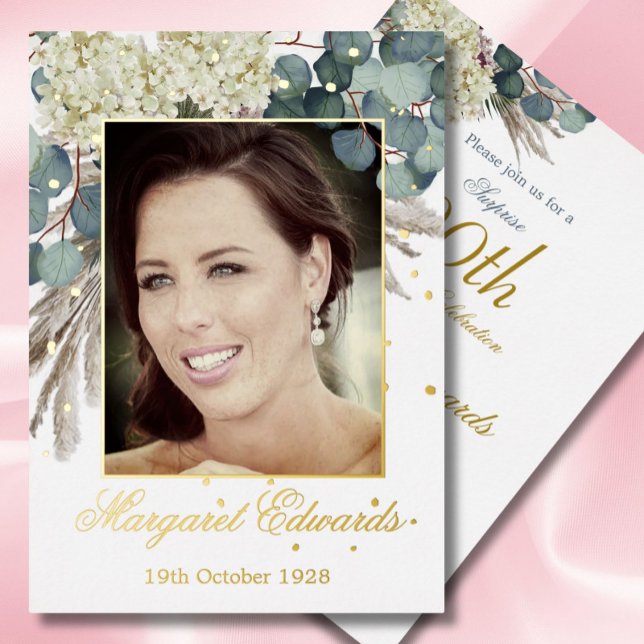 90th Floral Blue Elegant Photo Birthday Foil Invitation (Creator Uploaded)