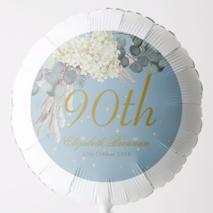 90th Floral Blue Gold Elegant Photo Birthday Balloon