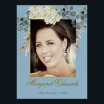 90th Floral Blue Gold Elegant Photo Birthday Foam Board<br><div class="desc">A 90th Birthday Floral Personal Design.
The age can be changed for any age not just 90.
A pretty white flower and blue foliage background. 
Change the photo to your own.
Lovely welcome photo poster.</div>