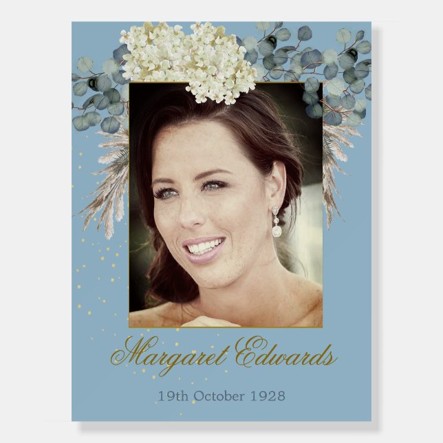 90th Floral Blue Gold Elegant Photo Birthday Foam Board (Front)